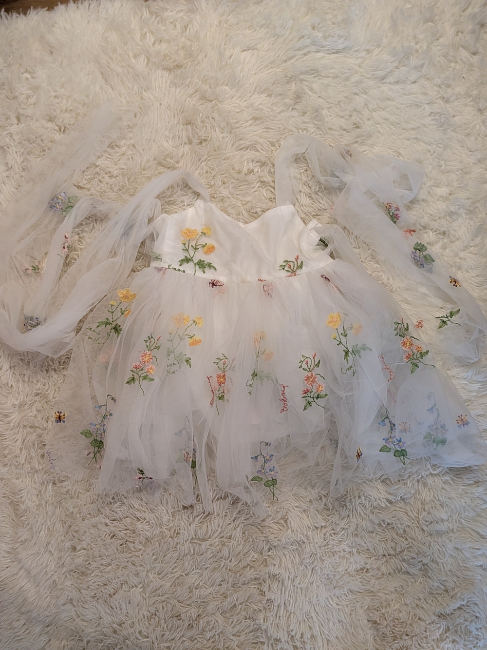 Toddler White Tulle Floral Embroidered Dress with Yellow & Green Accents